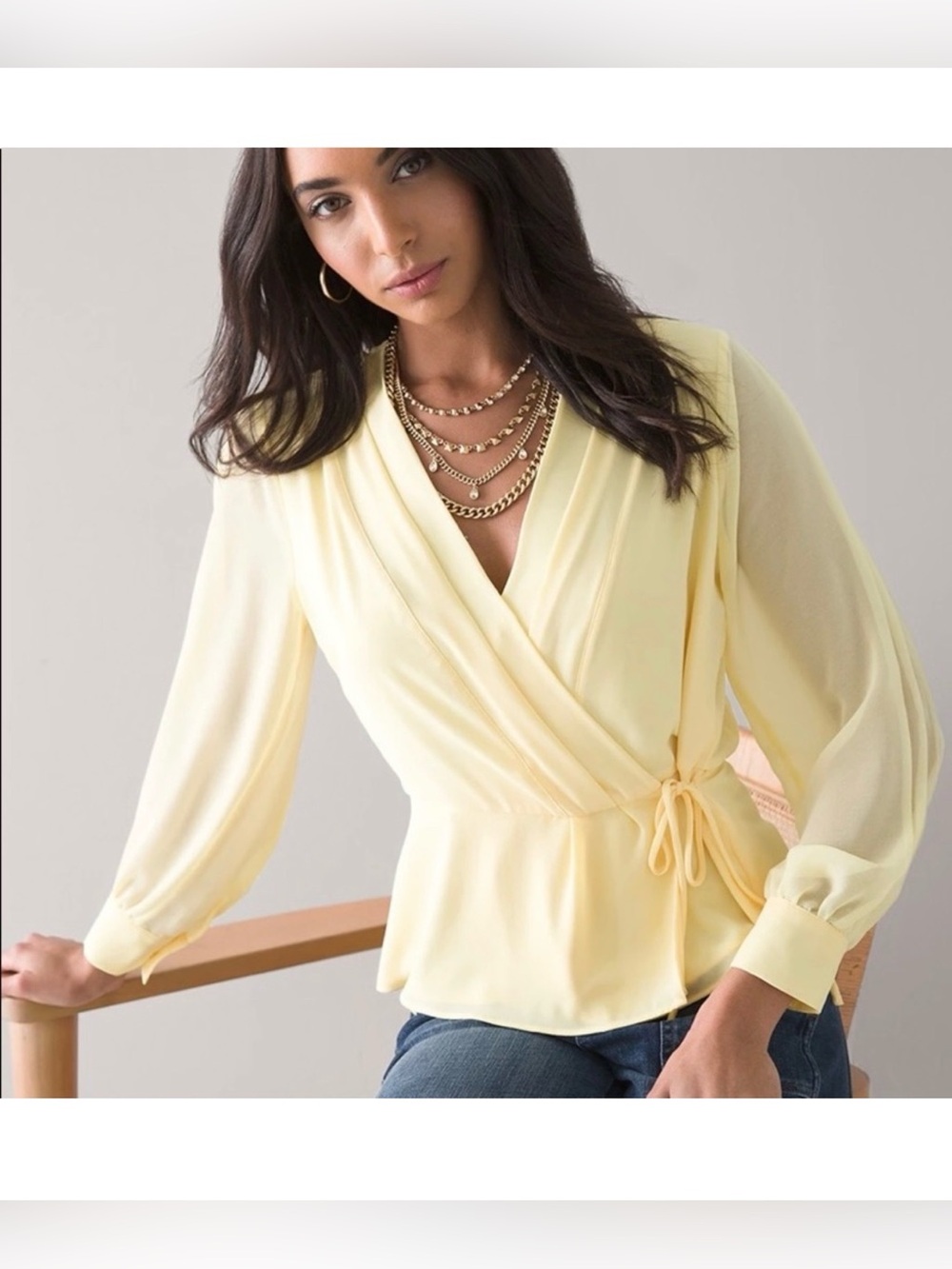 White House Black Market Pale Yellow Wrap-Front Blouse